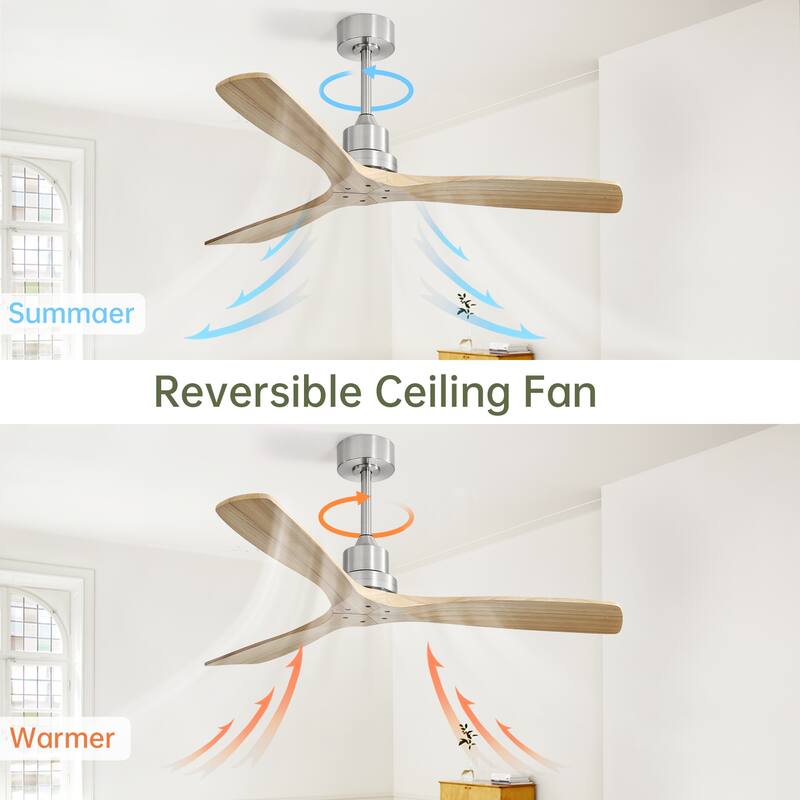52" Brushed Nickel Ceiling Fans No Light with Remote Carved Wood Fan Blades, Reversible DC Motor
